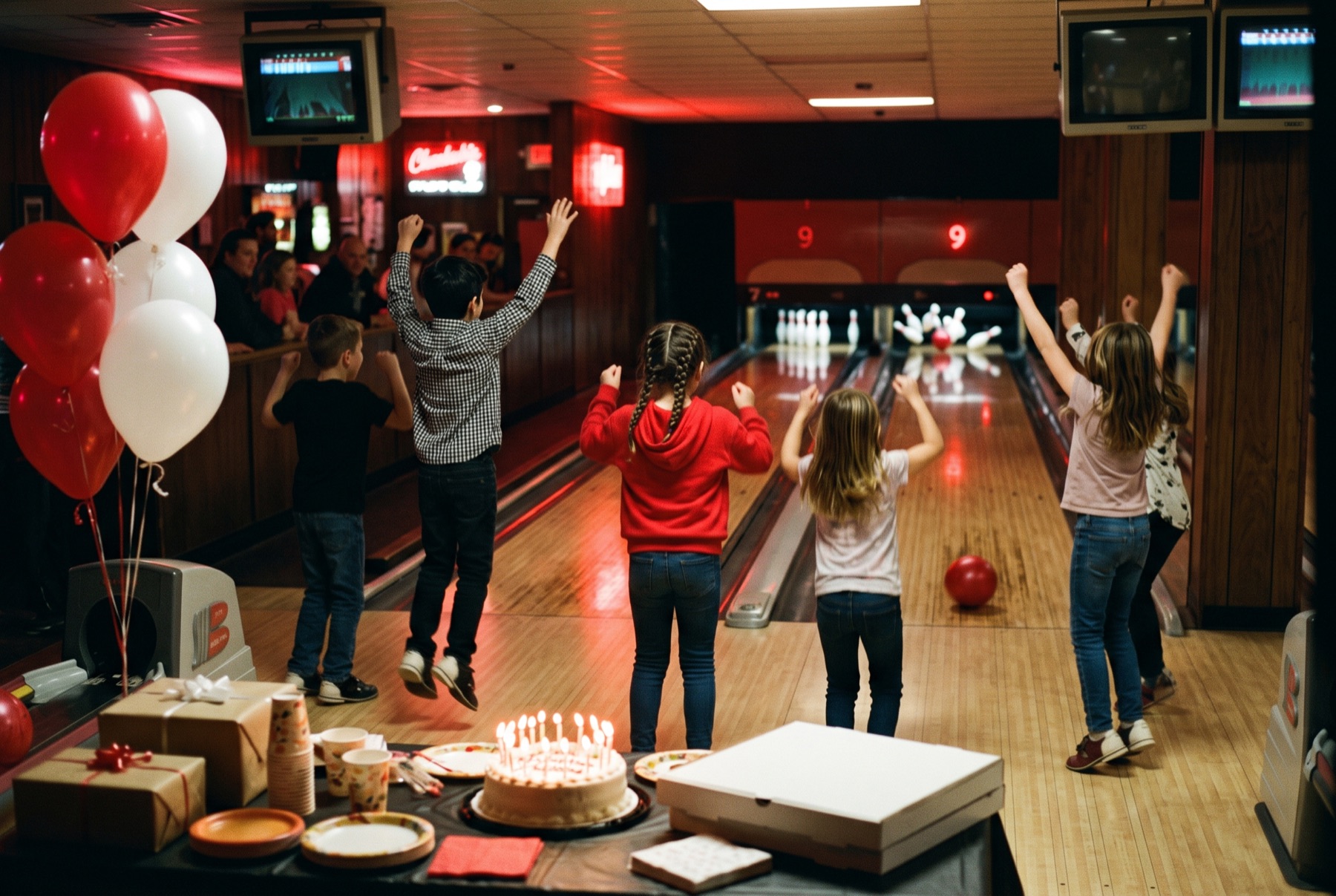 Kids cheering a strike at a birthday party