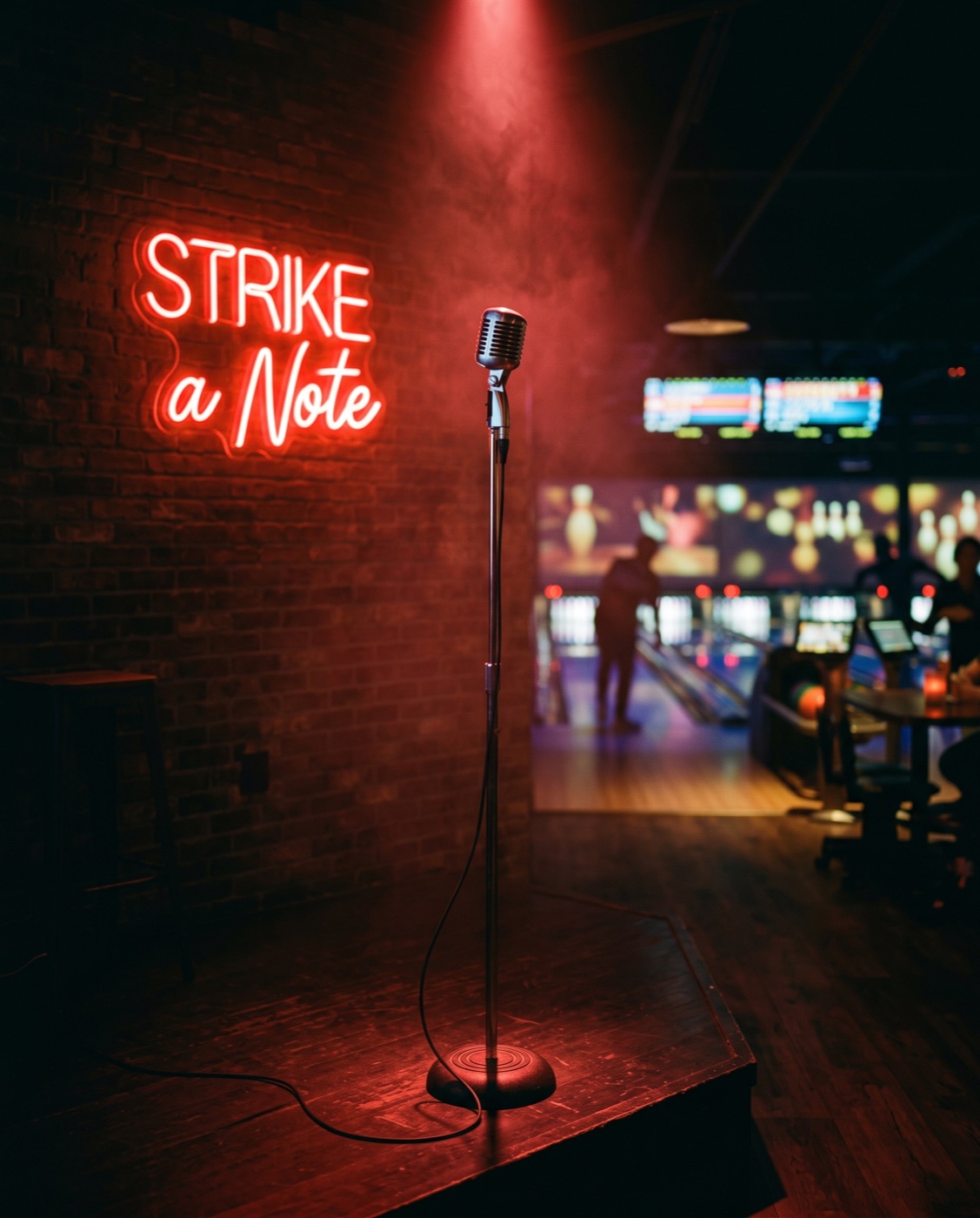 Microphone under a neon 'Strike a Note' sign